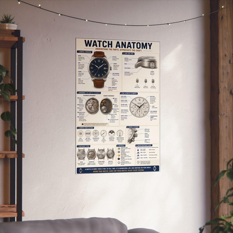 Póster de anatomía del reloj Diagrama de las partes del reloj Arte mural de relojería imagen 14