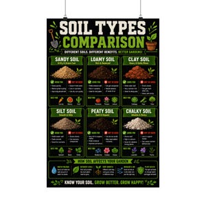 以下が含まれることがあります： SOIL TYPES COMPARISONというタイトルの黒い教育用ポスター。砂質土、ローム土、粘土質土、シルト質土、泥炭土、石灰質土の6種類の土壌のイラストが描かれています。各セクションには、説明文、利点、植物、野菜、果物のアイコンが含まれています。