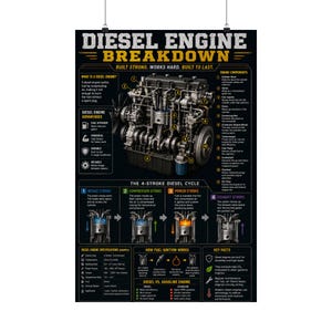 May include: A black educational poster titled DIESEL ENGINE BREAKDOWN. It features a central cutaway illustration of a diesel engine with numbered components, diagrams of the 4-stroke cycle, and text sections explaining engine mechanics.