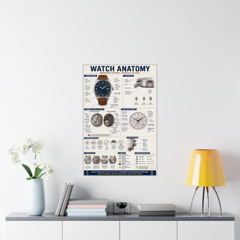 Póster de anatomía del reloj Diagrama de las partes del reloj Arte mural de relojería imagen 16