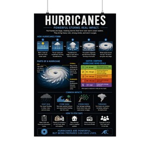 May include: A black educational poster titled HURRICANES, POWERFUL STORMS. REAL IMPACT. It features diagrams explaining how hurricanes form, the parts of a hurricane, the Saffir-Simpson hurricane wind scale, common impacts, and how to stay safe.