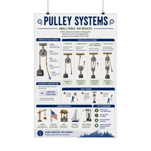 Könnte beinhalten: Ein Lehrplakat mit dem Titel Pulley Systems: Small Force. Big Results. Es enthält Diagramme zu den Teilen von Flaschenzügen, Systemtypen, Formeln für mechanische Vorteile sowie Beispiele wie Kräne, Fahnenmasten, Brunnen und Segelboote.