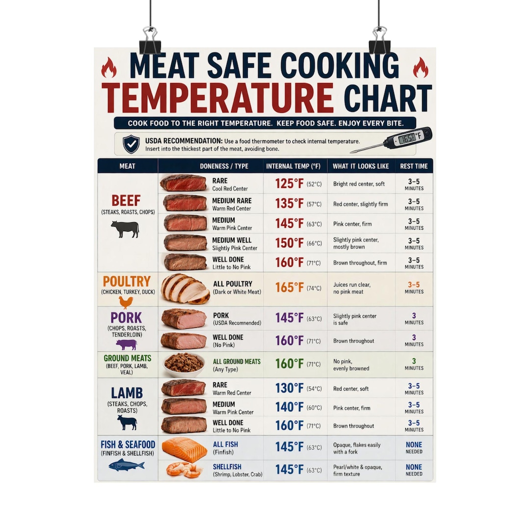 Meat Safe Cooking Temperature Chart Poster Kitchen Cooking Guide - Etsy