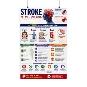 Può includere: Un poster educativo intitolato STROKE ACT FAST. SAVE LIVES. con un'illustrazione del cervello umano, l'acronimo FAST per i sintomi dell'ictus, fattori di rischio, segnali di avvertimento e consigli di salute preventiva con icone e testo.