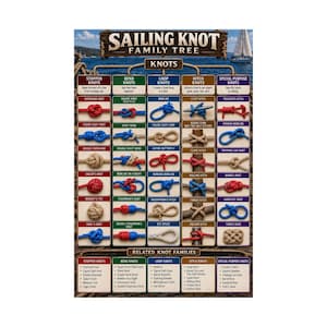 May include: A Sailing Knot Family Tree educational poster featuring a grid of various knots categorized by type, including stopper, bend, loop, hitch, and special purpose knots. Each knot is illustrated with colored rope on a textured background.