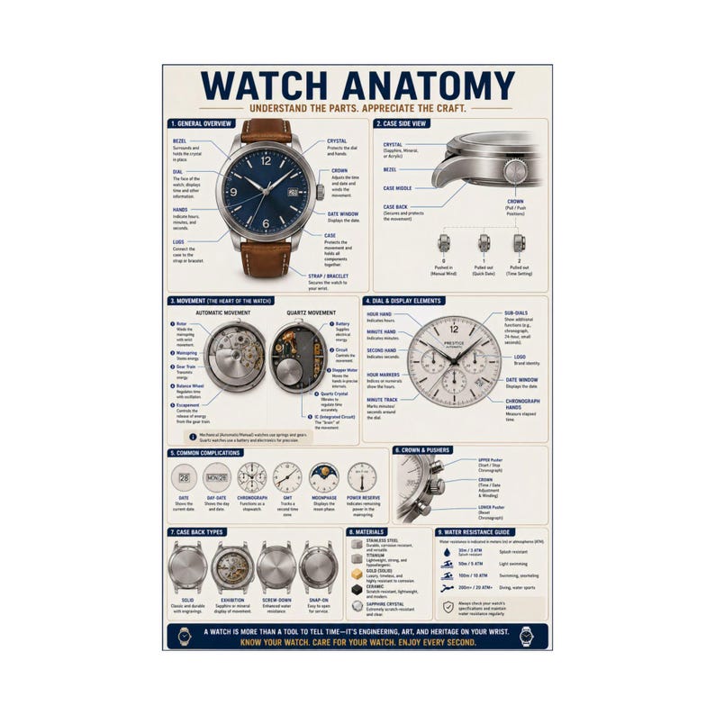 Póster de anatomía del reloj Diagrama de las partes del reloj Arte mural de relojería imagen 10