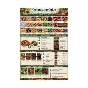 May include: A Composting Guide poster featuring sections on carbon-rich browns, nitrogen-rich greens, items to avoid, composting methods, the composting process, ideal conditions, troubleshooting, and tips for success with text and images.