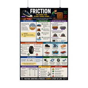 May include: An educational poster titled FRICTION THE FORCE THAT SLOWS THINGS DOWN. It features diagrams, text, and illustrations explaining how friction works, types of friction, effects, formulas, ways to reduce it, and safety matters with colorful graphics.