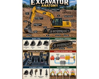 Excavator Anatomy Matte Vertical Poster Construction Machinery Diagram