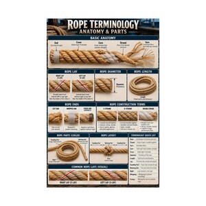 May include: An educational poster titled Rope Terminology Anatomy & Parts, featuring detailed diagrams and text explaining rope construction, including basic anatomy, lay, diameter, length, ends, and common types like 3-strand and double braid.