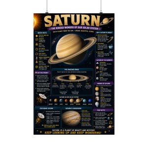 Könnte beinhalten: Ein Lehrplakat mit dem Titel SATURN THE RINGED WONDER OF OUR SOLAR SYSTEM. Es zeigt eine große zentrale Abbildung des Saturn, detaillierte Diagramme seiner Ringe, atmosphärische Daten, Mondprofile und Fakten mit metrischen Maßeinheiten.