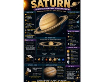 Saturn Planet Facts Poster Solar System Educational Print