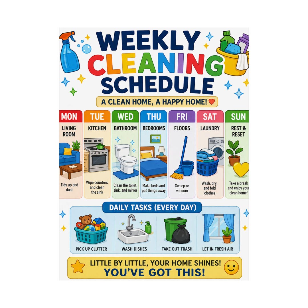 Weekly Cleaning Schedule Kids Poster Colorful Home Chore Chart - Etsy