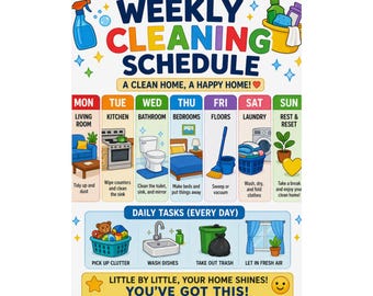 Weekly Cleaning Schedule Kids Poster Colorful Home Chore Chart