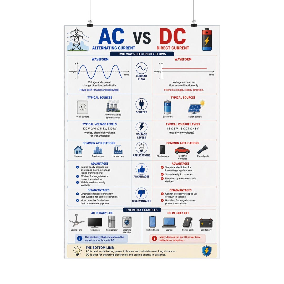 AC Vs DC Electricity Infographic Poster: Waveforms, Sources ...
