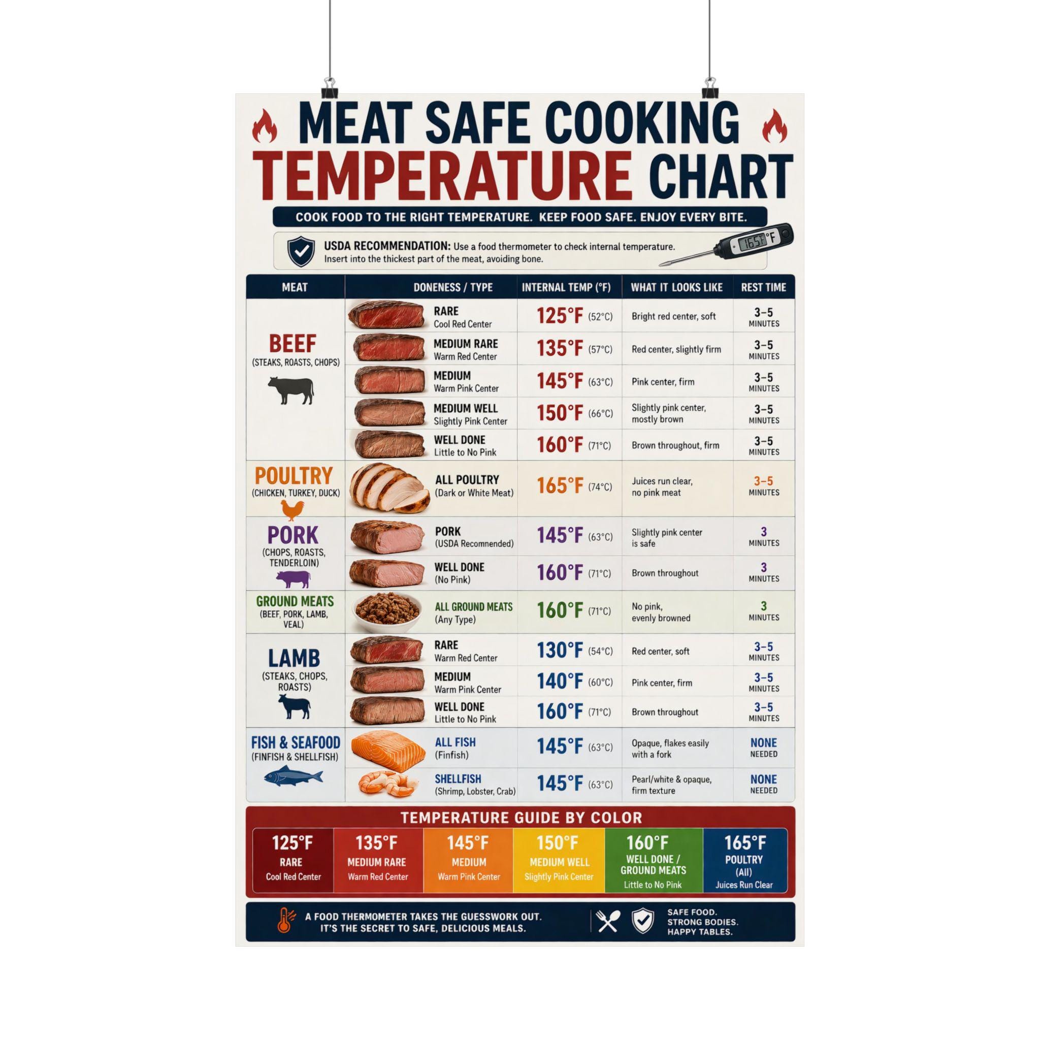 Meat Safe Cooking Temperature Chart Poster Kitchen Cooking Guide - Etsy