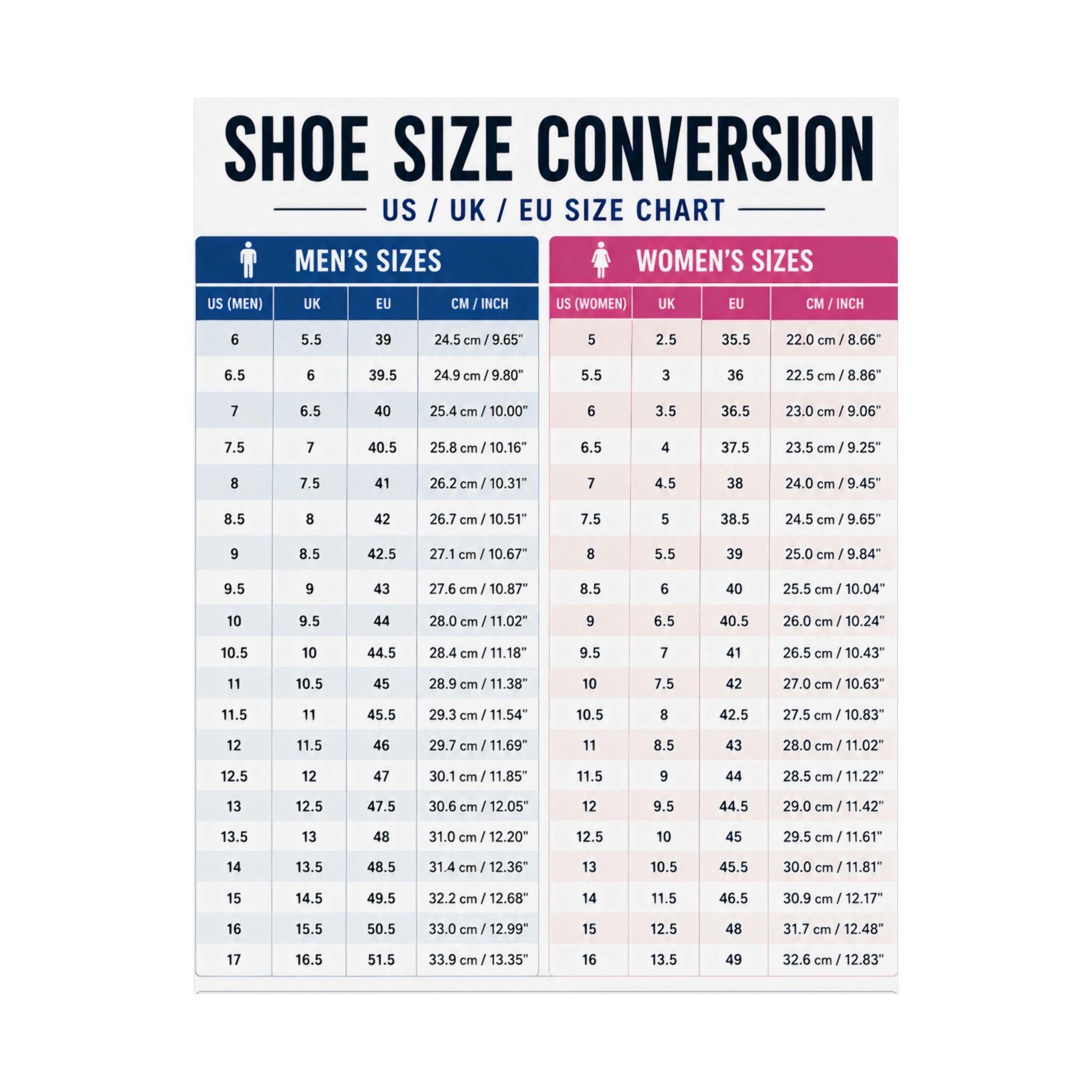Shoe Size Conversion Chart Poster US UK EU Sizes Matte Vertical Guide ...