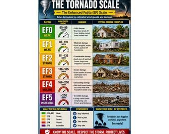 Tornado Scale Chart Poster EF Scale Damage Examples Weather Safety