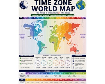 Time Zone World Map Poster Colorful Global Time Zones Chart