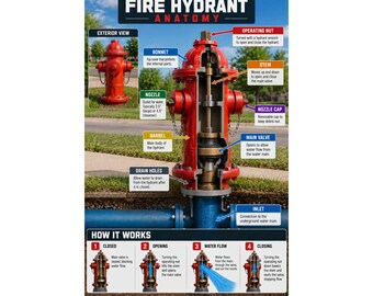 Fire Hydrant Anatomy Matte Vertical Poster Educational Diagram How It Works