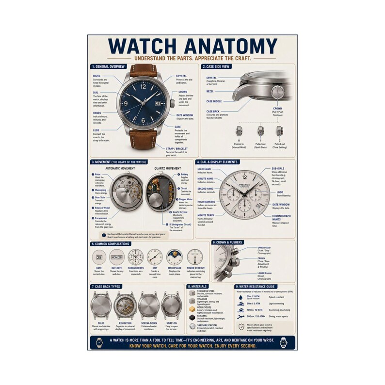 Póster de anatomía del reloj Diagrama de las partes del reloj Arte mural de relojería imagen 2