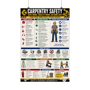 May include: A vertical poster titled CARPENTRY SAFETY featuring sections on common hazards, safe work practices, personal protective equipment, power tool safety, ladder safety, nail gun safety, material handling, fire safety, and housekeeping.
