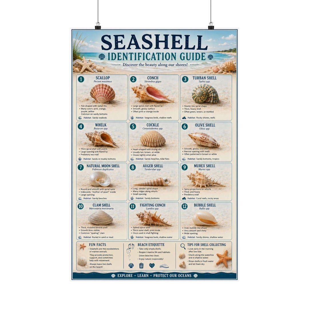Sc Seashell Identification Seashell Identification Guide Poster - Etsy