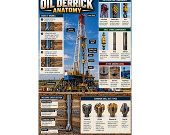 Oil Derrick Anatomy Poster Drilling Rig Infographic