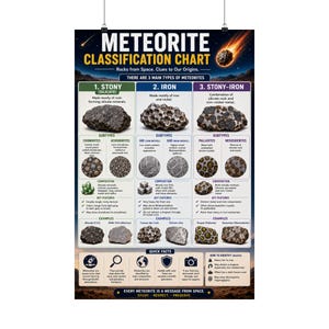 May include: A vertical educational poster titled Meteorite Classification Chart. It categorizes meteorites into three main types: stony, iron, and stony-iron, with detailed descriptions, sub-types, composition, key features, and examples for each.