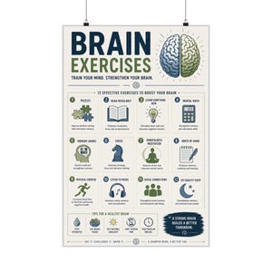 May include: A vertical educational poster titled Brain Exercises, featuring a split blue and green brain illustration. It lists 12 numbered activities like puzzles, reading, and meditation, plus healthy brain tips and the quote A strong brain builds a better tomorrow.