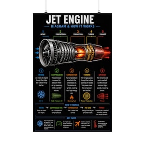 May include: A black educational poster titled JET ENGINE DIAGRAM & HOW IT WORKS. It features a detailed cross-section illustration of a jet engine with five numbered stages: intake, compression, combustion, turbine, and exhaust, plus text.