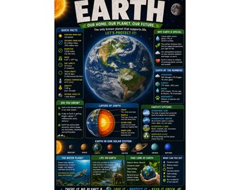 Earth educational poster Planet facts layers of Earth solar system