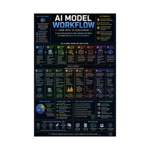 Könnte beinhalten: Ein schwarzes Lehrplakat mit dem Titel AI MODEL WORKFLOW FROM DATA TO DEPLOYMENT. Es zeigt ein strukturiertes Prozessdiagramm mit acht nummerierten Schritten, darunter Define, Collect, Prepare, Explore, Build, Train, Evaluate und Deploy.