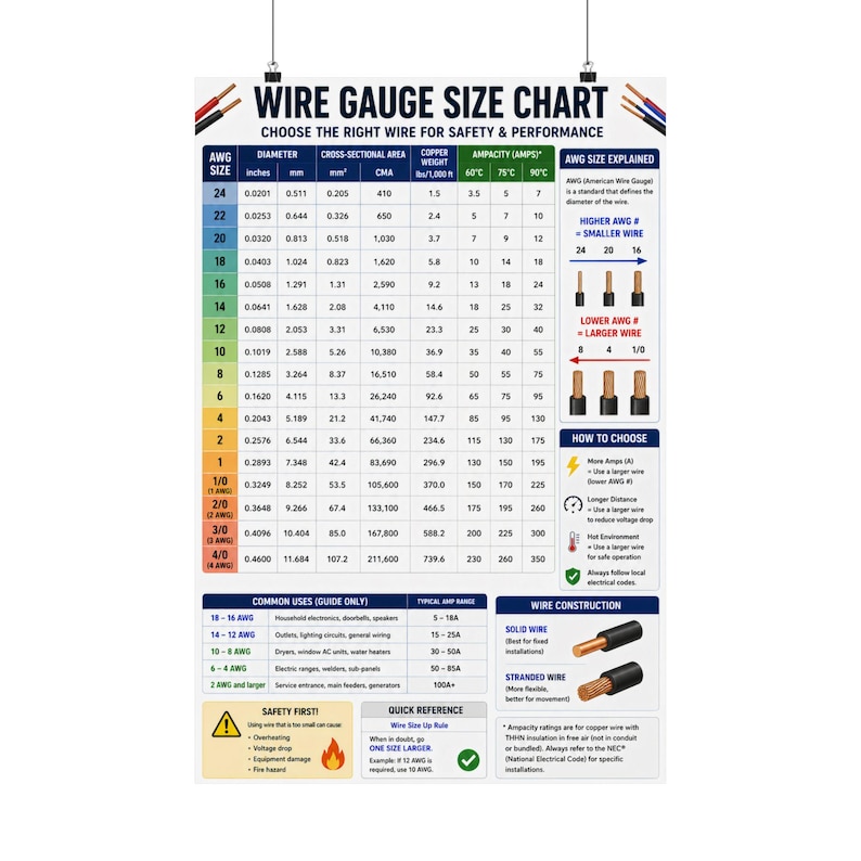 Avg Wire Wire Gauge Size Chart Poster Electrical Reference, AWG Chart - Etsy