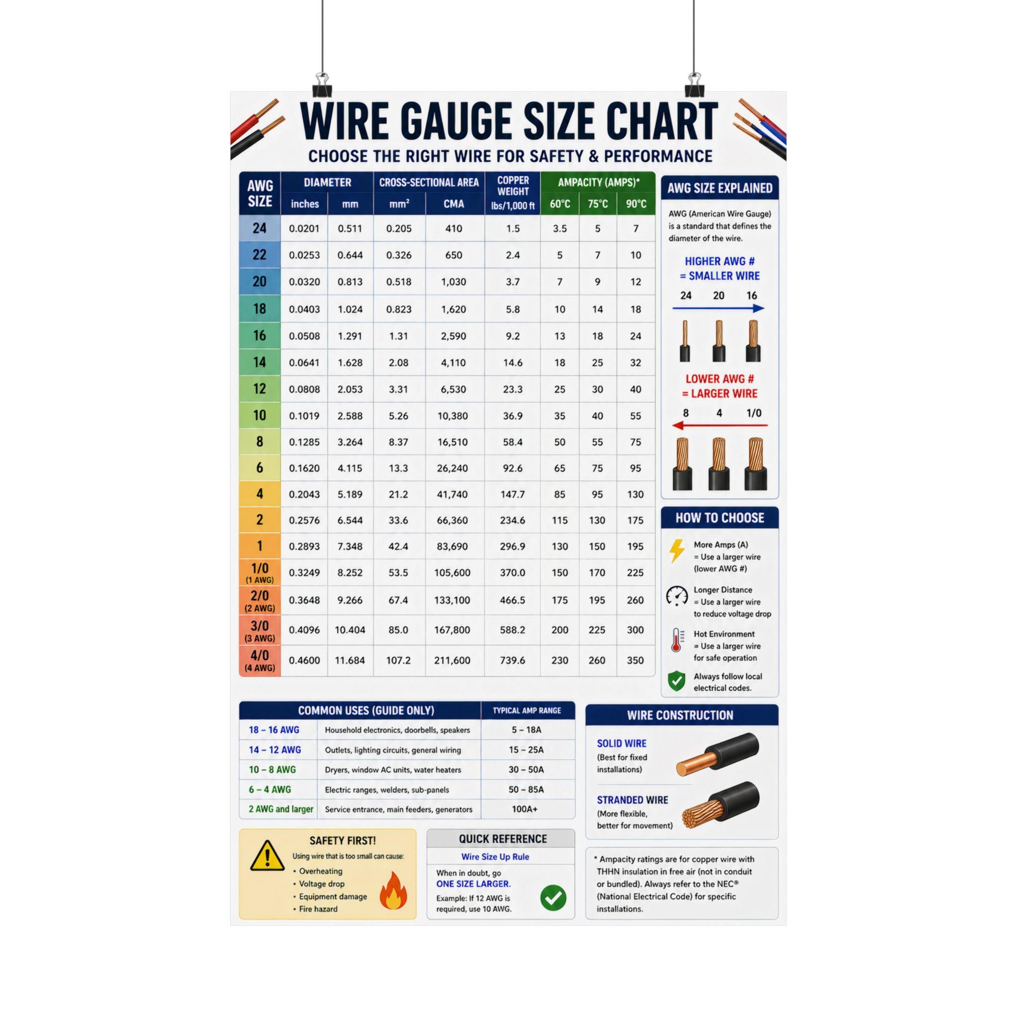 Wire Gauge Size Chart Poster Electrical Reference, AWG Chart - Etsy