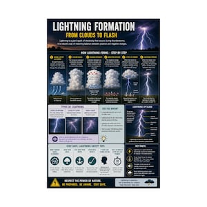May include: An educational poster titled LIGHTNING FORMATION FROM CLOUDS TO FLASH. It features diagrams explaining how lightning forms, types of lightning, safety tips, and key facts. The design uses dark blue backgrounds with white text and illustrations.