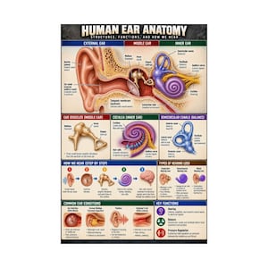 May include: An educational poster titled Human Ear Anatomy, Structures, Functions, and How We Hear. It features detailed anatomical illustrations of the external, middle, and inner ear, including ossicles, cochlea, and semicircular canals.