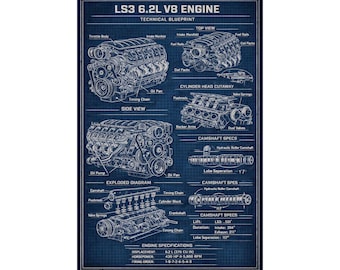 LS3 6.2L V8 Engine Blueprint Poster