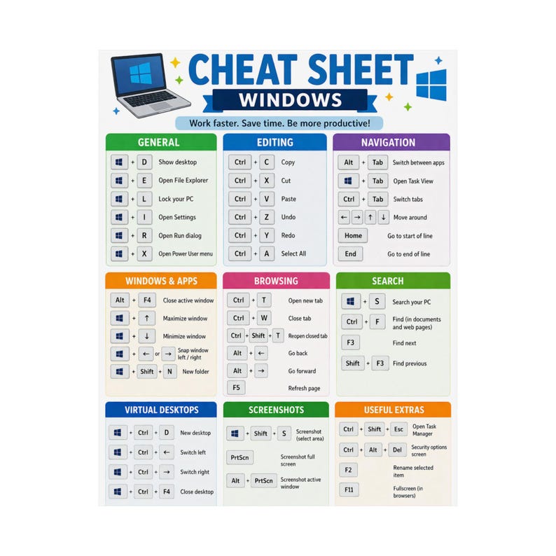 Windows Cheat Sheet Poster Keyboard Shortcuts Reference - Etsy