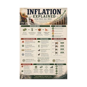Op de afbeelding: Een educatieve poster getiteld INFLATION EXPLAINED met een winkelwagengrafiek, een stijgende groene pijl en kolommen die de werking van inflatie, de oorzaken, typen, meetmethoden en effecten beschrijven, met tekst en iconen op een beige achtergrond.