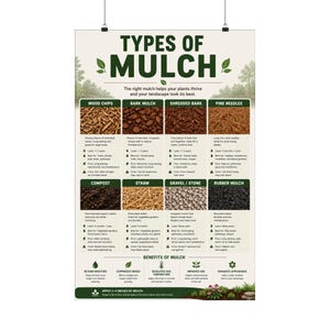 May include: A vertical educational poster titled TYPES OF MULCH featuring eight distinct categories: wood chips, bark mulch, shredded bark, pine needles, compost, straw, gravel/stone, and rubber mulch, with text detailing benefits and application.