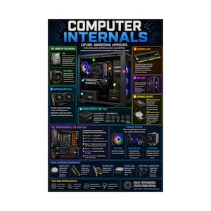 May include: An educational poster titled COMPUTER INTERNALS with the subtitle EXPLORE. UNDERSTAND. APPRECIATE. It features a central diagram of a computer case with labeled components including the CPU, GPU, RAM, and power supply unit.