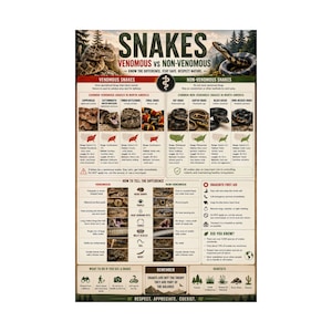 May include: An educational poster titled SNAKES VENOMOUS vs NON-VENOMOUS featuring illustrations and text about North American snake species, identification characteristics, habitat types, and safety guidelines for snake encounters and first aid.
