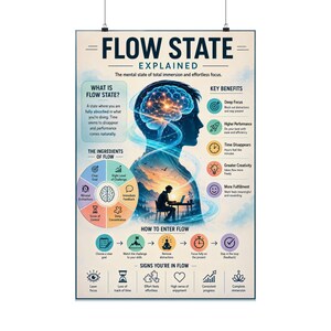 May include: A vertical educational poster titled FLOW STATE EXPLAINED. It features a silhouette of a human head containing a glowing brain and a person working at a desk. The design includes sections on flow state definitions, key benefits, ingredients, entry steps, and signs of flow with icons and text.