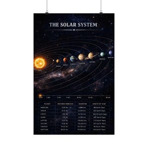 May include: A poster titled "THE SOLAR SYSTEM" depicts the sun and planets in orbit. The planets are labeled and arranged in a circular pattern. A table below lists planet names, distances from the sun, diameters, and year lengths.