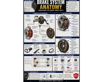 May include: An educational poster titled Brake System Anatomy featuring detailed diagrams of hydraulic systems, disc brakes, drum brakes, and key components. It includes text explanations of the braking process, maintenance tips, and common wear signs.
