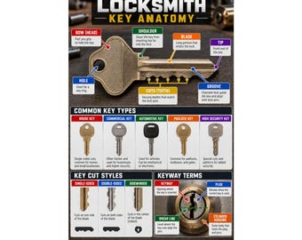 Locksmith Key Anatomy Matte Poster Key Types Cut Styles Keyway Terms