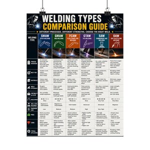 May include: A comparison guide poster detailing different welding types, including SMAW, GMAW, FCAW, GTAW, SAW, and OAW. The poster provides information on processes, strengths, and applications, with a focus on welding techniques and materials.