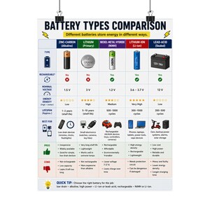 Battery Types Comparison Matte Poster Vertical Educational Chart