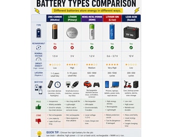 Battery Types Comparison Matte Poster Vertical Educational Chart